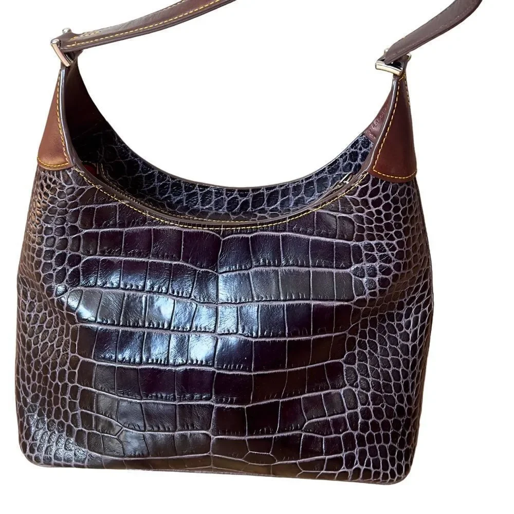 DOONEY & BOURKE Brown Crocodile Embossed Leather Hobo Shoulder Handbag
